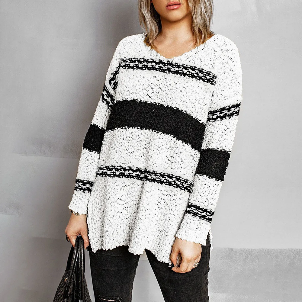 

Sweater Autumn and Winter New European American Women's Wear V-neck Split Loose Casual Stripe