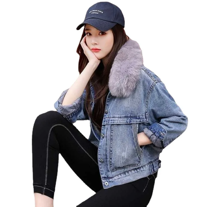 

Женская утепленная джинсовая куртка, короткая осенне-зимняя теплая хлопковая куртка в Корейском стиле бойфренда для маленьких мужчин, 2021