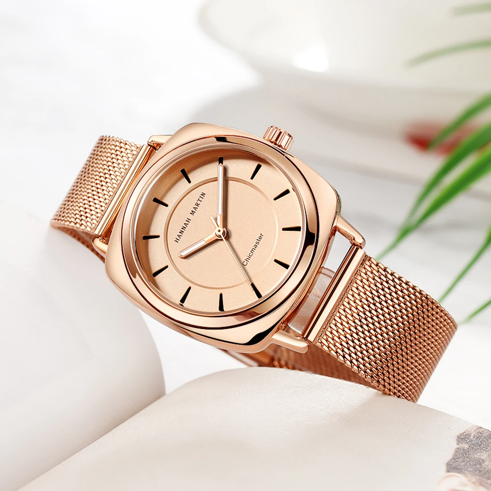 

HM Brand Rose Gold Casual Geneva Quartz Wristwatches Women Metal Mesh Stainless Steel Dress Elegant Watches Relogio Feminino