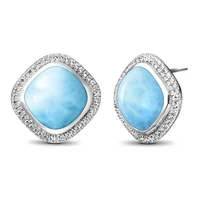 high quality 925 sterling silver cushion cut natural larimar stud earrings for womens jewelry gift