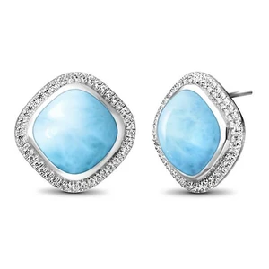 High Quality 925 Sterling Silver Cushion Cut Natural Larimar Stud Earrings for Womens Jewelry Gift
