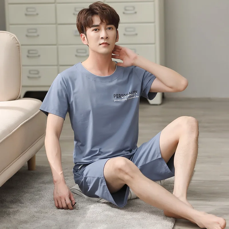 Men's striped cotton pajamas suit high-quality casual and comfortable short-sleeved shorts loose large size thin home service