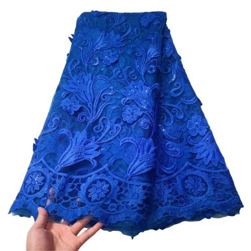 

Blue Hot Sale African 3D Flower Lace Fabric High Quality Sequins Nigeria French Tulle Mesh Lace Fabric for Bridal Materials Sew