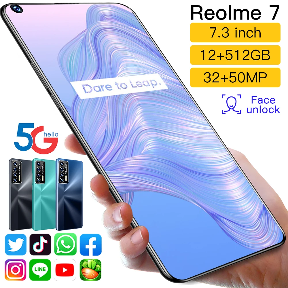

The Latest Version Reolme 7 Smartphone Android11.0 12+512GB Dual SIM 7.3Inch 5G Telephone 32+50MP HD Camera Mobile Phone Global