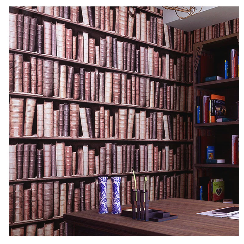 

3D Creative Bookshelf Library Study American Retro European Wallpaper Cafe American TV Background Wall Wallpaper