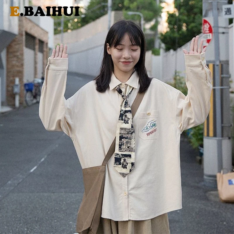 

EBAIHUI Embroidery Shirts Womens Tops and Blouses Long Sleeve Loose Beige College Style Girls Student Clothes Oversized Shirts