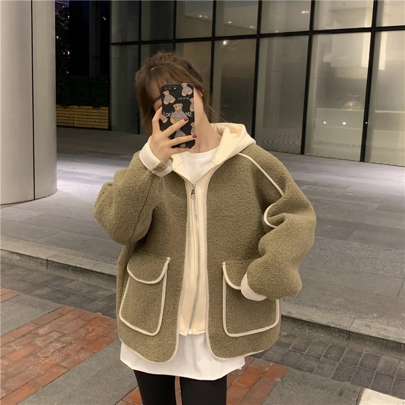 

Winter Korean 2021 New Stitching Imitation Lamb Wool Hooded Jacket Loose Long-sleeved Jacket Casual Clothes Women Coat Outerwear