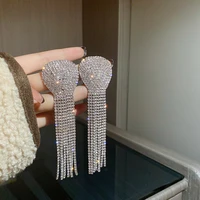 new luxury statement big crystal heart rhinestone tassel long earrings for women party fashion jewelry dangle pendientes