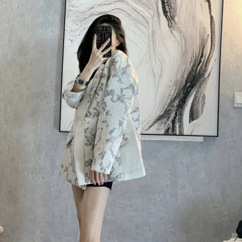 

2021 New Blazer For Women Suits Coat Fashion British Loose Casual Jacquard Long Sleeve Patchwork Blazers Jacket Female Clothing