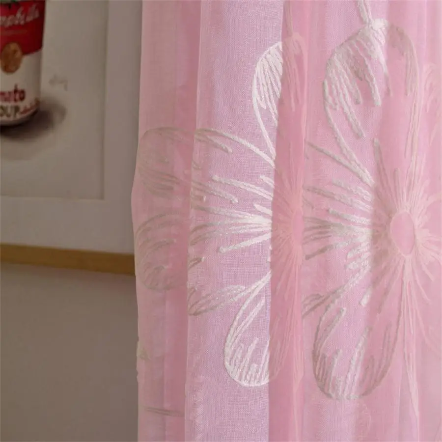 Шторы из прозрачного тюля с цветочной вышивкой для гостиной девушек розовые