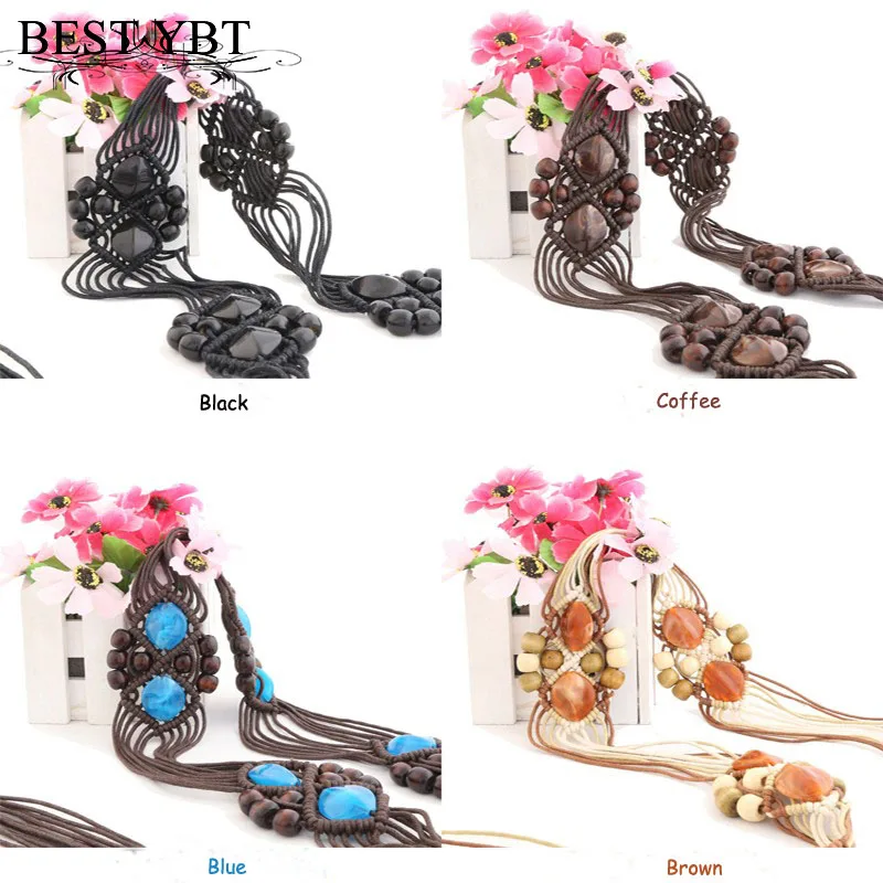 Женский ремень YBT в национальном стиле плетеный вручную с деревянными бусинами