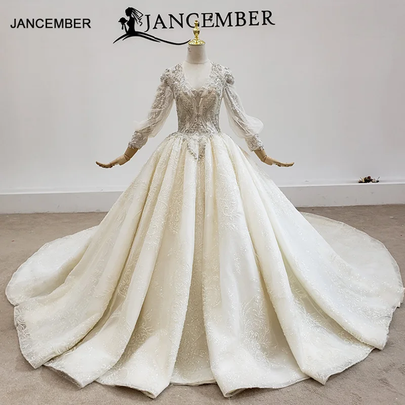 

HTL1545 فساتين السه Wedding Dress V-Neck Lace Up Lantern Sleeve Appliques Sequined Cathedral Drain Ball Gown вечернее платье