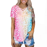 2021 new summer women t shirt rainbow gradient color v neck shirt short sleeve t shirt fashion casual womens top