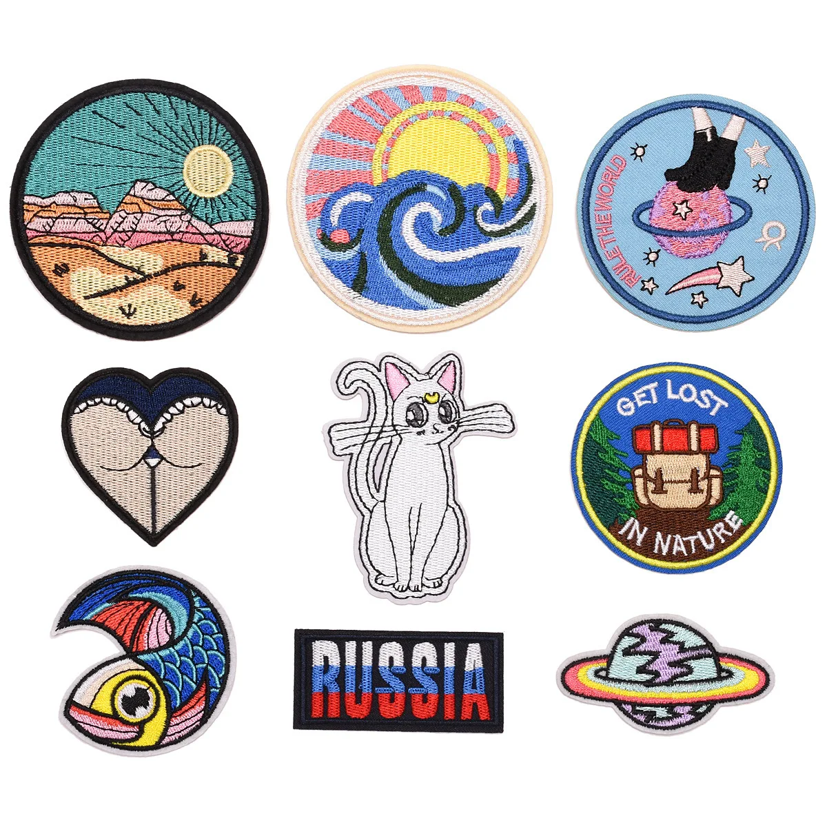 

Round Badge Computer Embroidered Cloth Sticker Cosmic Planet Patch Cat Sun Diy Shoes, Hats And Bags