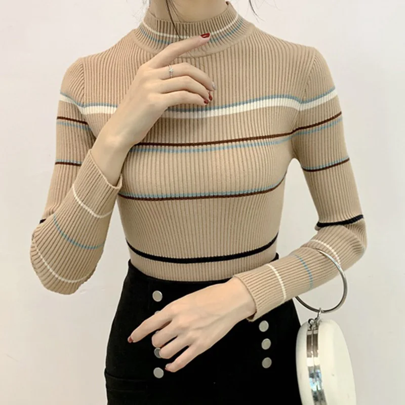 Lucyever 2019 Half Turtleneck Striped Sweater Women Fashion Mixed Color Knitted Pullover Woman Fall Winter Slim Wild Tops Femme | Женская
