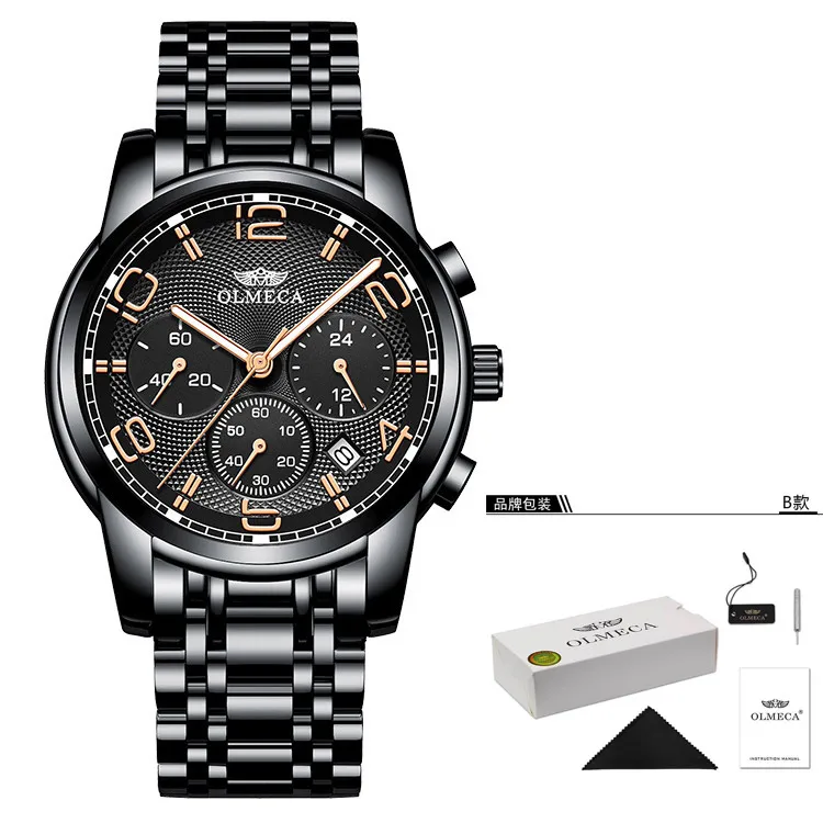 black-gift box OLMECA Мужские кварцевые наручные часы спортивные Для мужчин мужской классический Бизнес наручные часы из нержавеющей стали Автоматическая Дата Браслет для мужа босс подарок браслет часы - Цвет: black-gift box