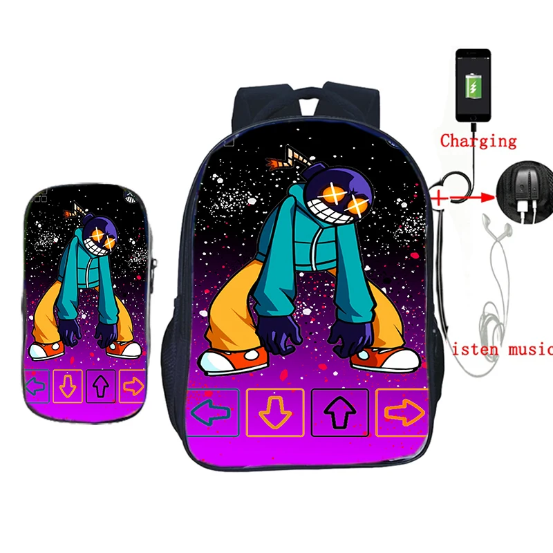 

Game Friday Night Funkin Usb Charging Backpack Pen Bag 2 Set 16 Inch School Bag for Teens Student Bookbag Zipper Bagback Mochila