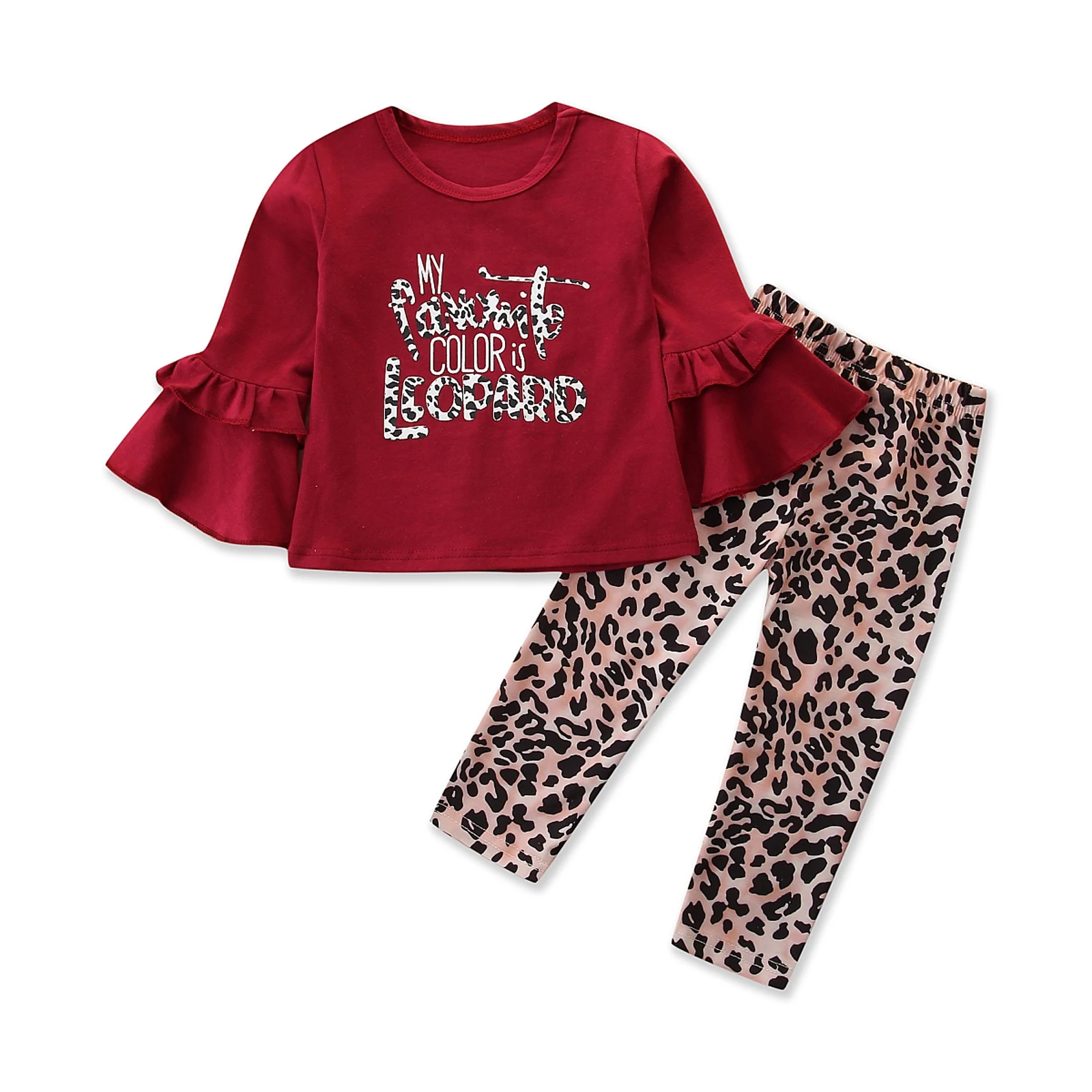 

1-6T Baby Girls Fall Clothes, Wine Red Flare Sleeve Letter Print Top + Leopard Pants 2Pcs Outfits Set