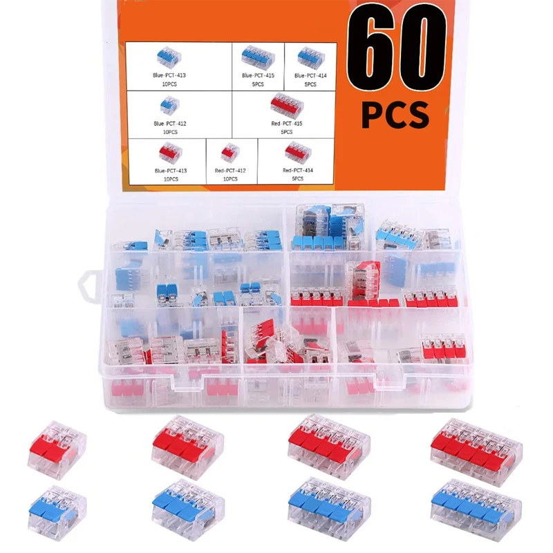 

60 Pcs 4 Type Lever Nuts Wire Connector Assortment Pack Conductor Compact Splicing 2 3 4 5 Port Connector Kit with 1 Wire Strip