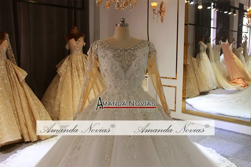 Heavy beading ball gown wedding dress custom order sizes with long sleeves bridal dress