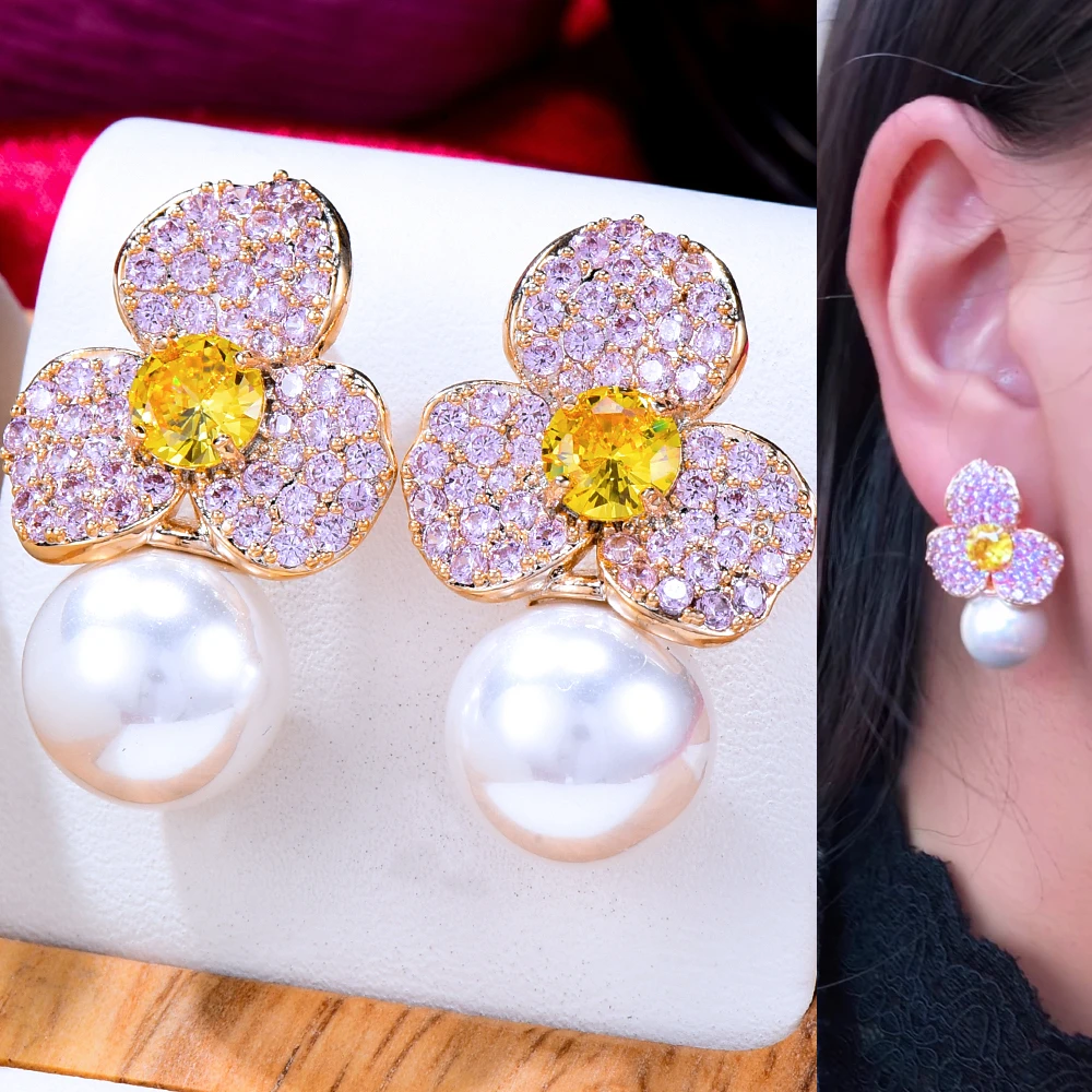 

missvikki Shiny Luxury Sweet Romantic Flower Pearls Earrings For Noble Women Bridal Wedding Engagement Jewelry High Quality