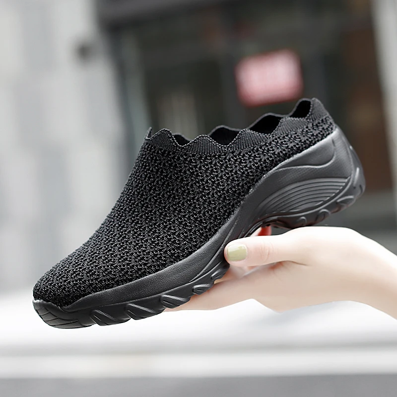 

Women's Vulcanized Shoes Casual Breathe Sneakers Comfortable Light Knitted Socks Shoes Fashion Half Slippers 42 White Wedges