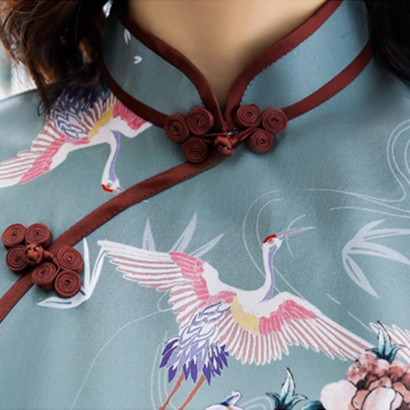 

Chinese Traditional Cheongsam Women New Vintage Sexy Crane Pattern Print Split Short Dress Summer Young Girl Party Qipao