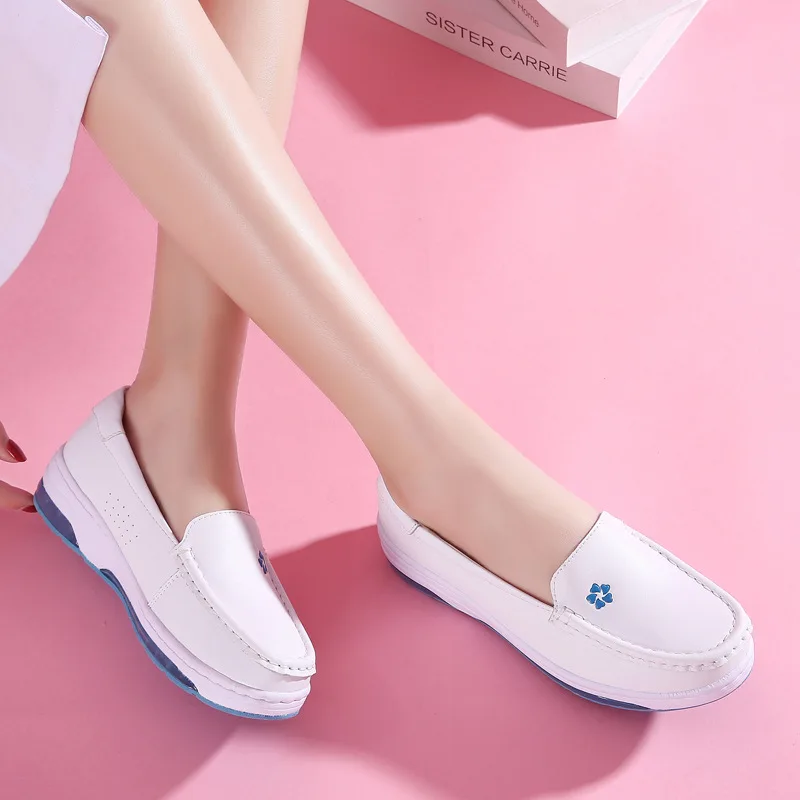 Genuine Leather Shoes Woman Flats Chunky Loafers Nurse Comfortable Shoes for Job Work Women Size 41 Slip on Platform White Shoes