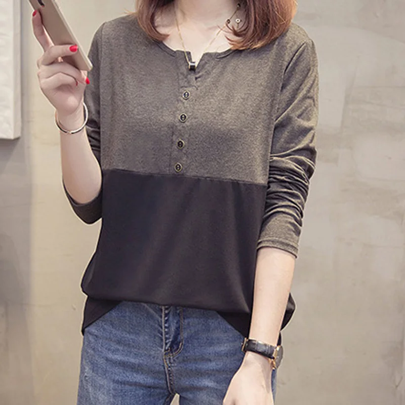 Большие размеры Однотонная футболка с длинным рукавом и круглым вырезом женские