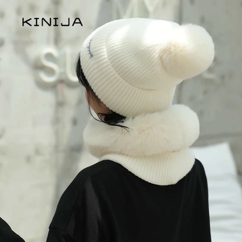 Зимние толстые связан из шерсти помпоны меха шапочка кролик Балаклава осень