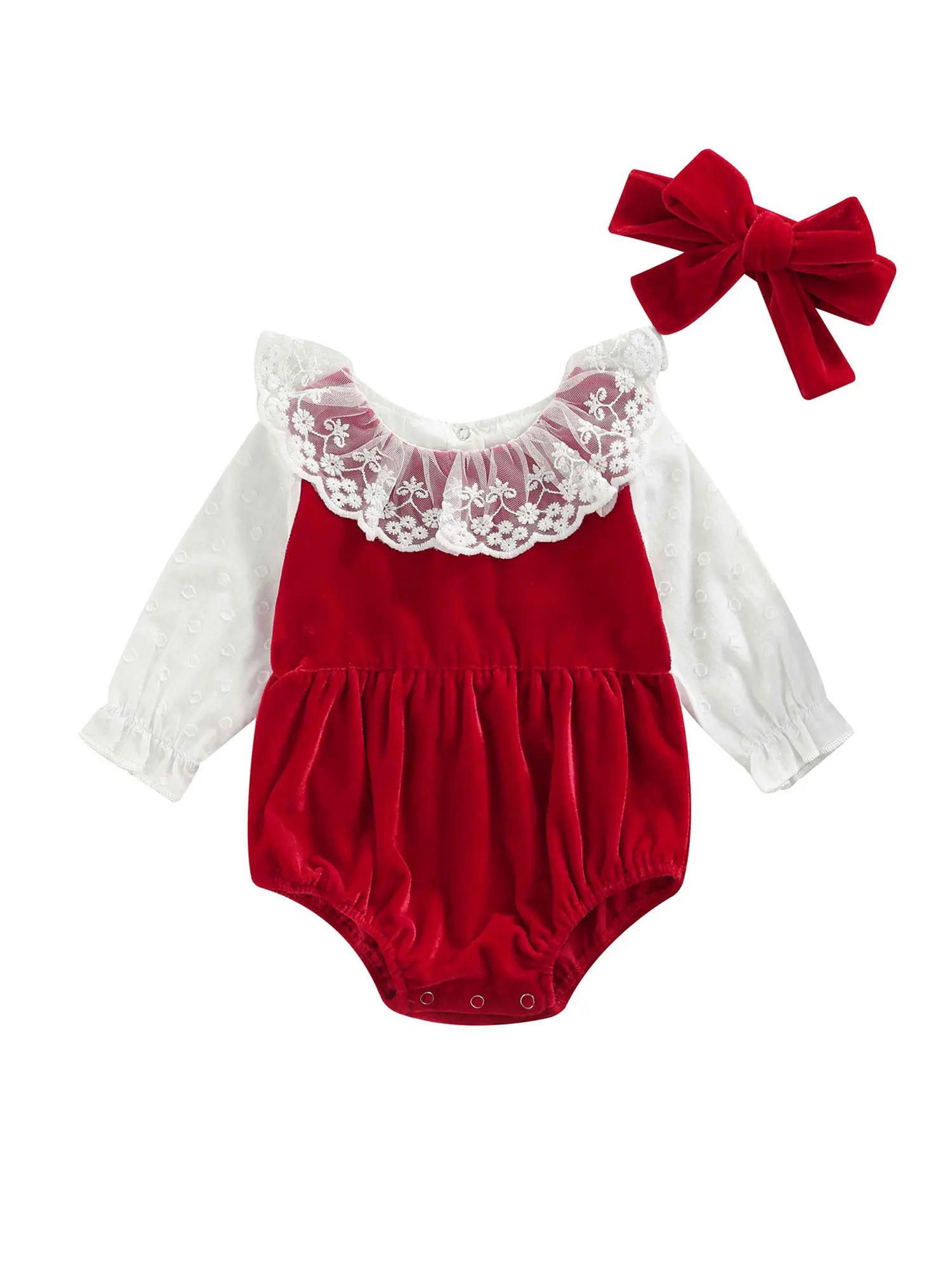 

Infant Baby Girls Two-piece Clothes Set, Wine Red Long Sleeve Lace Hem Romper and Headdress, 0-24 Months