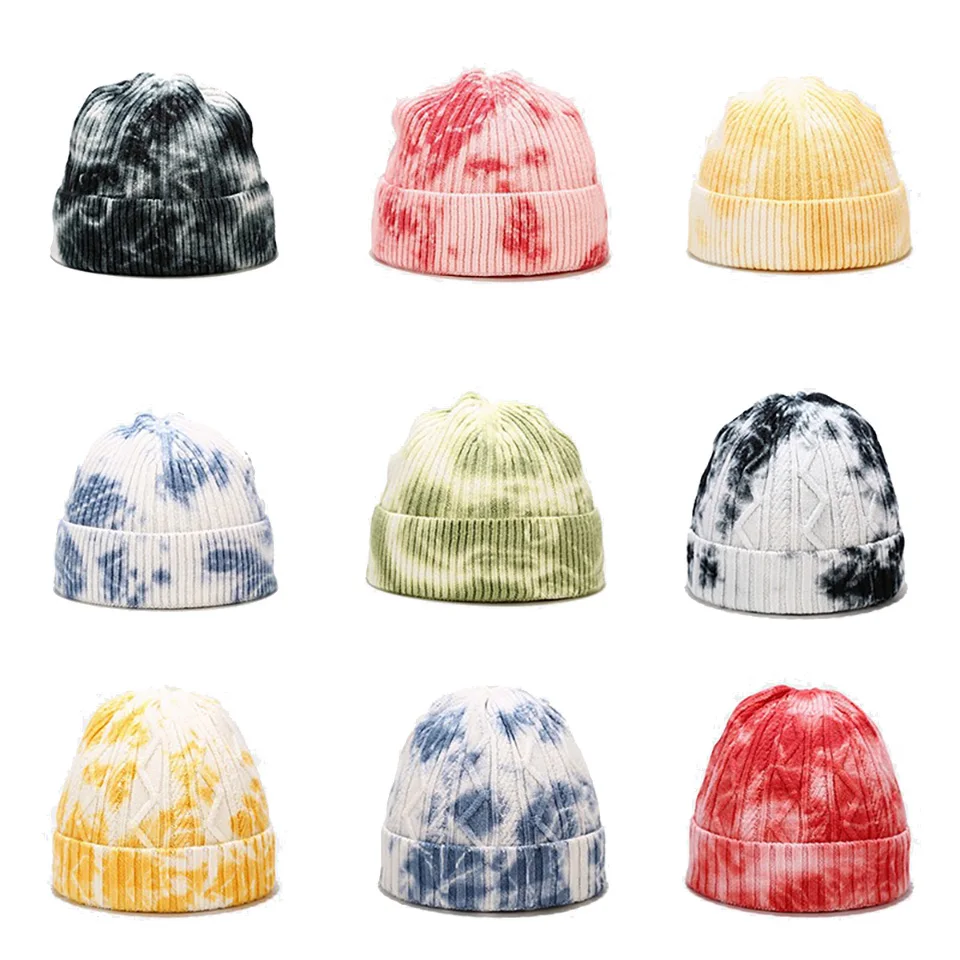 

New Unisex Winter Tie Dyed Knitted Cuffed Short Melon Cap Colorful Skull Baggy Retro Ski Fisherman Docker Beanie Hat Slouchy