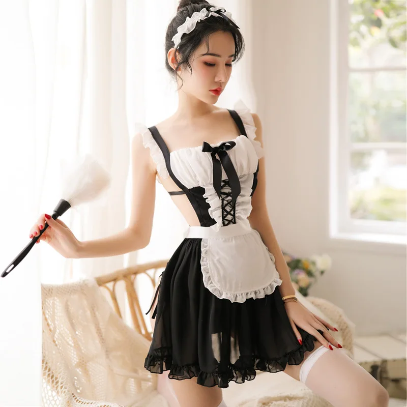 

Women Cosplay Sexy School Uniform Suit Sexy Lingerie Set Maid Cosplay Costumes Perspective Bowknot Underwear Kawaii Maid Outfit