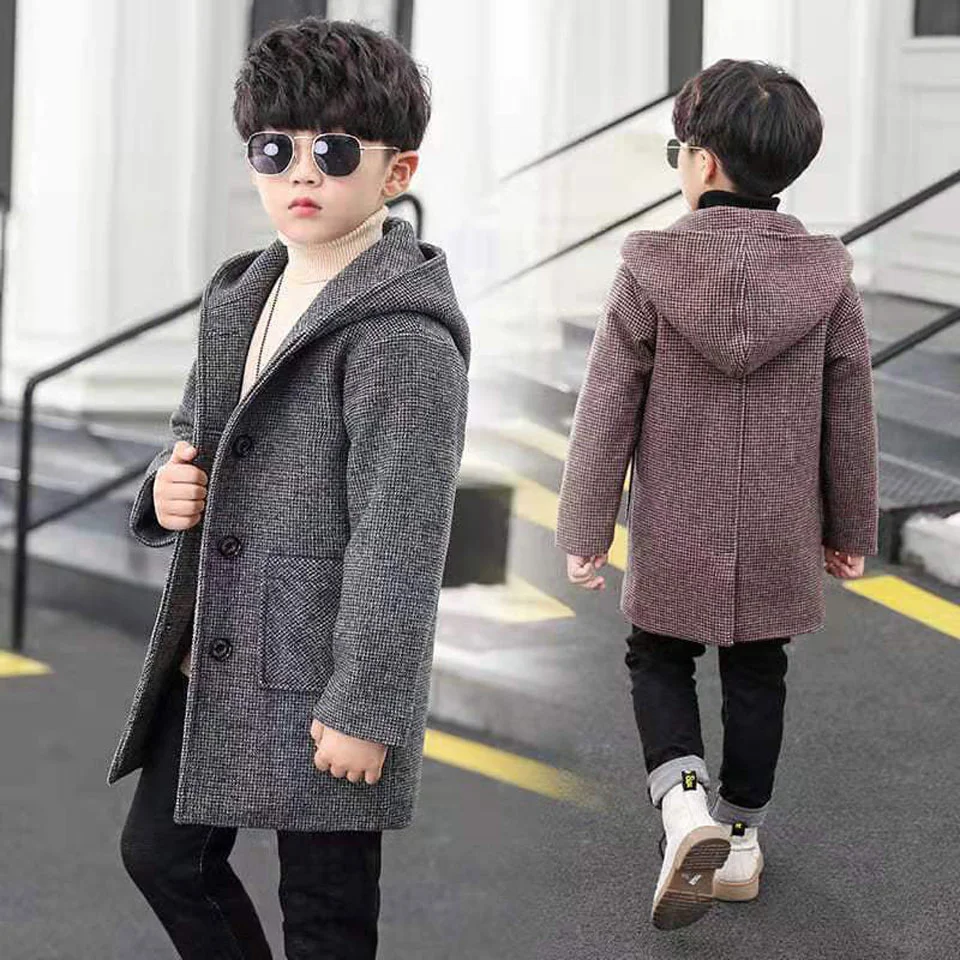 

New 2021 Autumn Winter Children Woollen Outwear For Boys Girls Hooded Single Breasted Thicken Outerwear For 3T 4 5 6 7 8 9 12