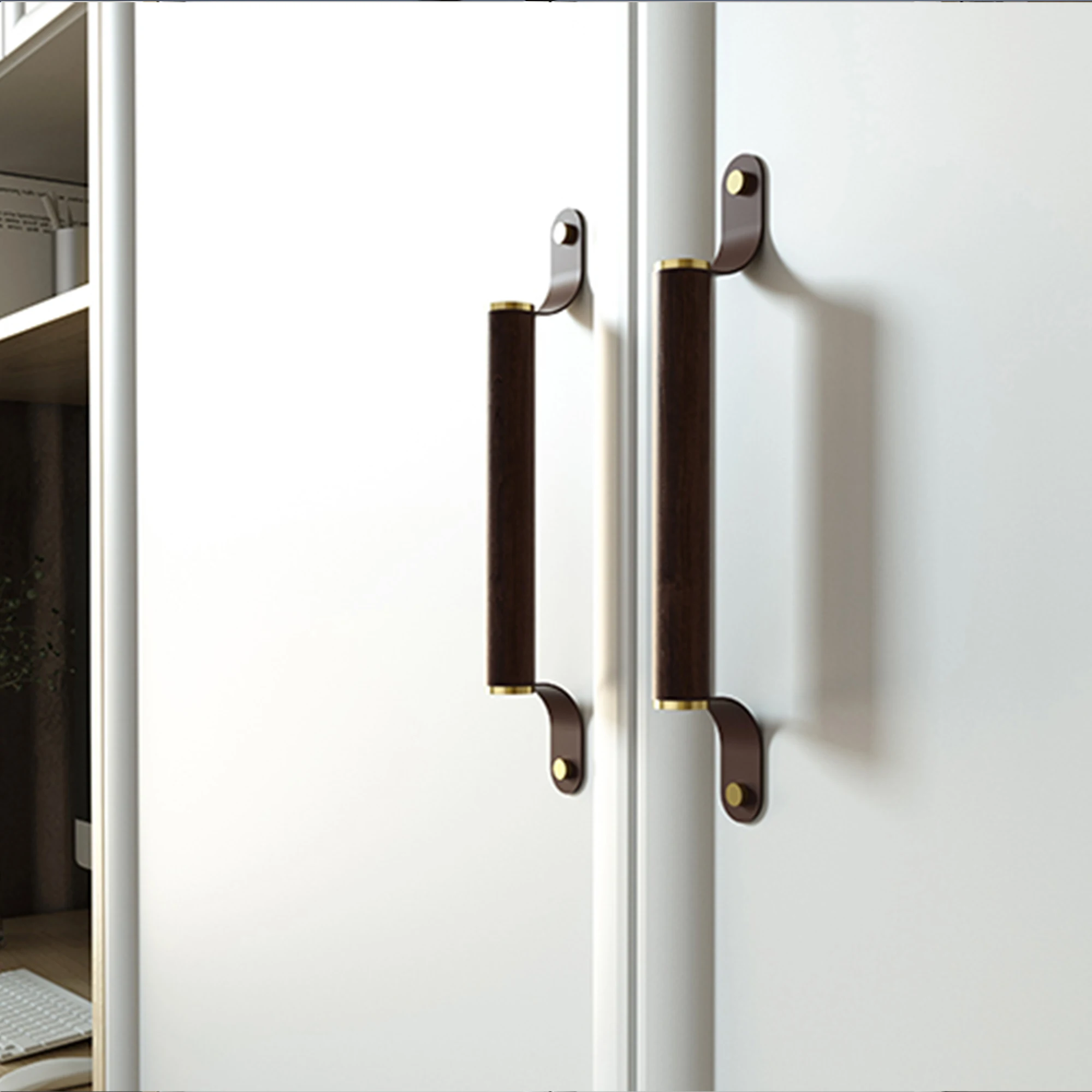 Деревянные регулируемые мебельные ручки Длинные для шкафа и ящика кожаные