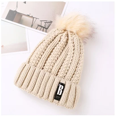 beige hat Теплая вязаная зимняя женская шапка для девочек, шерстяные шапочки Skullies с буквой B, бархатная шапка, шапка-маска, Женская Балаклава, шарф, шапка - Цвет: beige hat