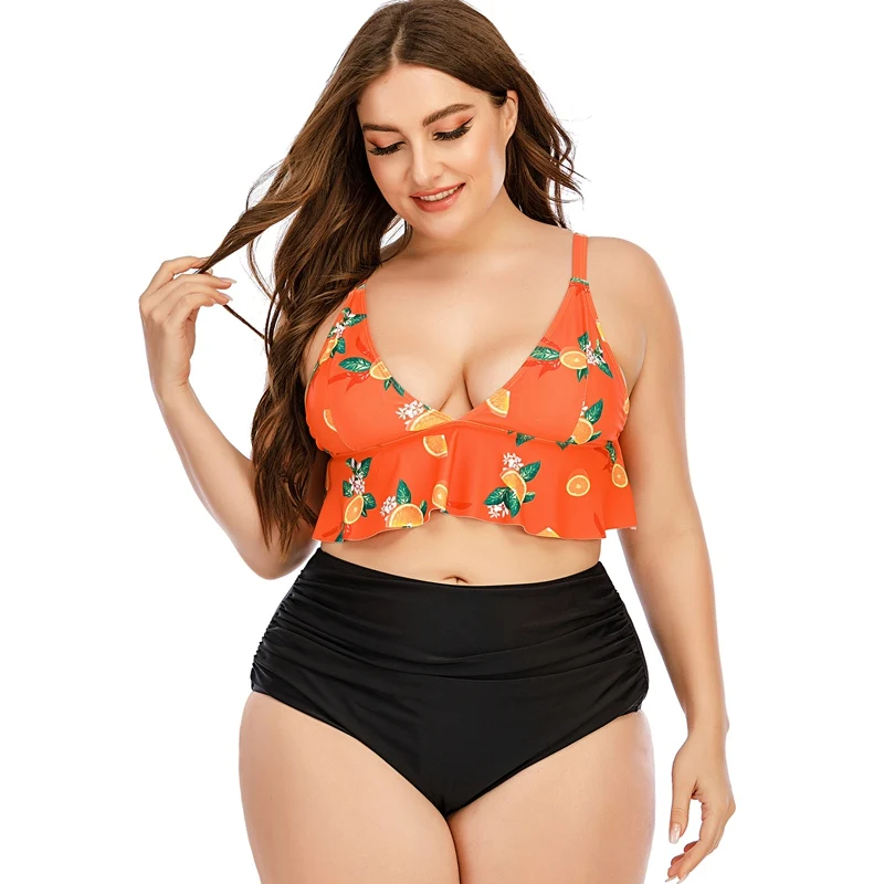 

Women High Waist Bikini Set Siwm Beach Wear Plus Size 4xl Swimsuit Orange Swiming Suit 2021 Sexy Large Size 5XLPrint Swimwear