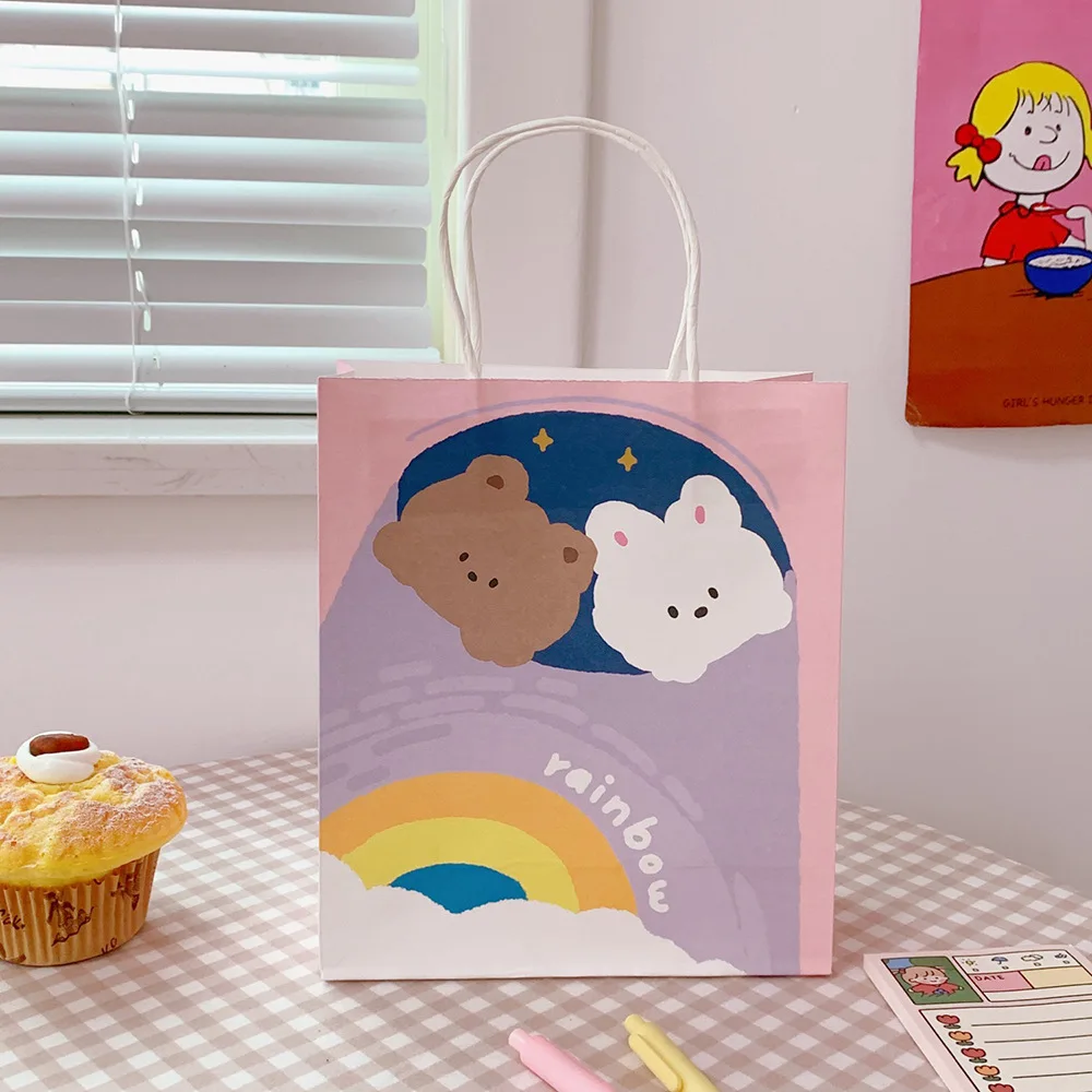 

W&G 50Pcs/pack Cute Ins Kraft Paper Gift Bag Korean Girl Portable Shopping Packaging Bags With Handle 30*18*8cm Wholesales