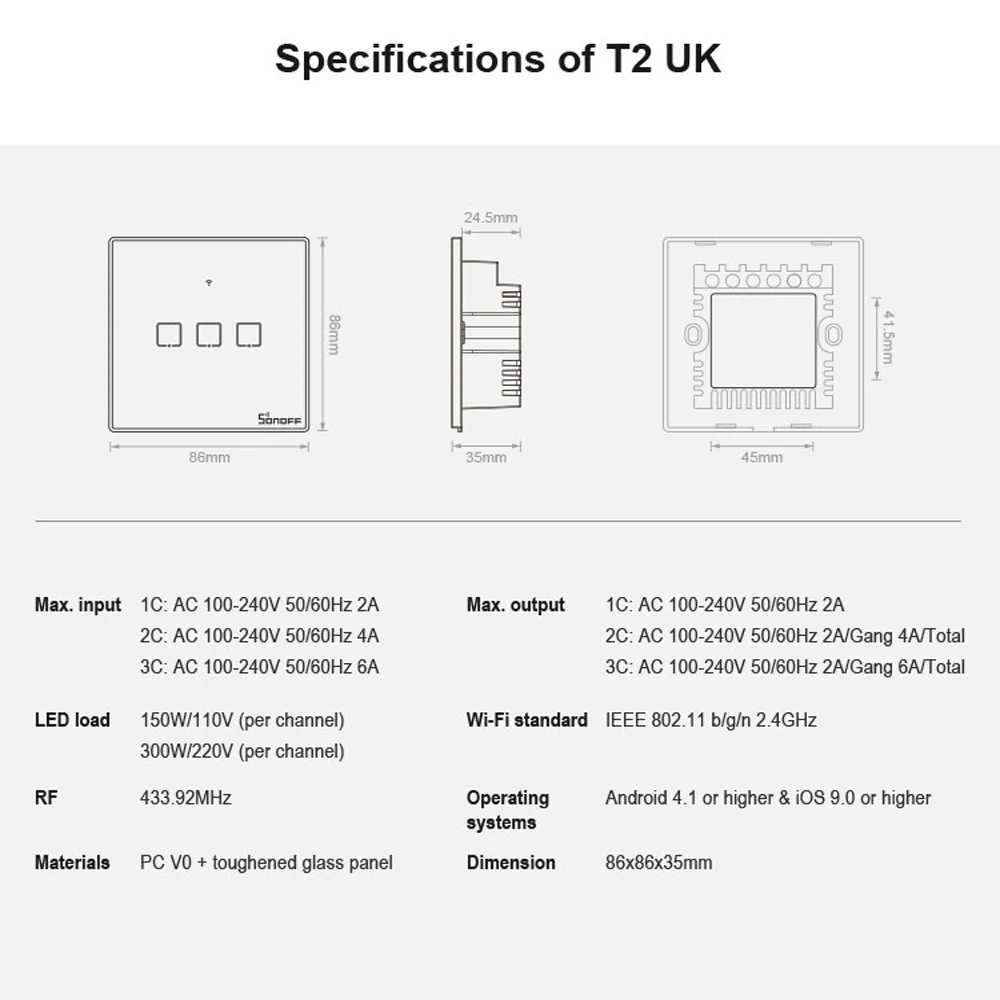 Sonoff T2 умный Wi Fi/RF/APP/сенсорный настенный выключатель света 1/2/3 Gang UK Панель Умный
