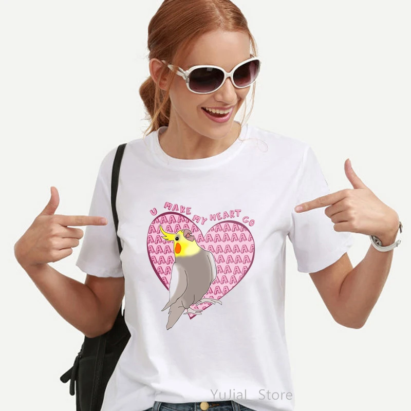 

U Make My Heart Go Cockatiel Parrot Graphic Print Women'S T-Shirt Kawaii Bird Tshirt Femme Pink Love T Shirt Female Streetwear