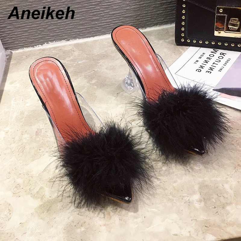 Тапки Aneikeh женские из ПВХ Мех животных прозрачные перо кристаллы высокий каблук
