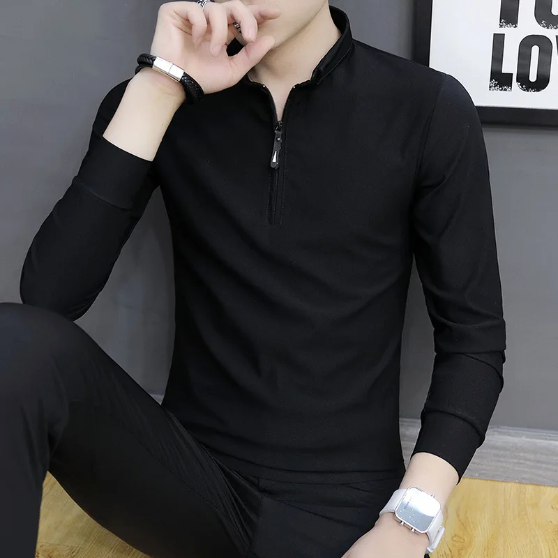 

2021 new fashion casual men's long sleeve solid Lapel T-shirt men clothing