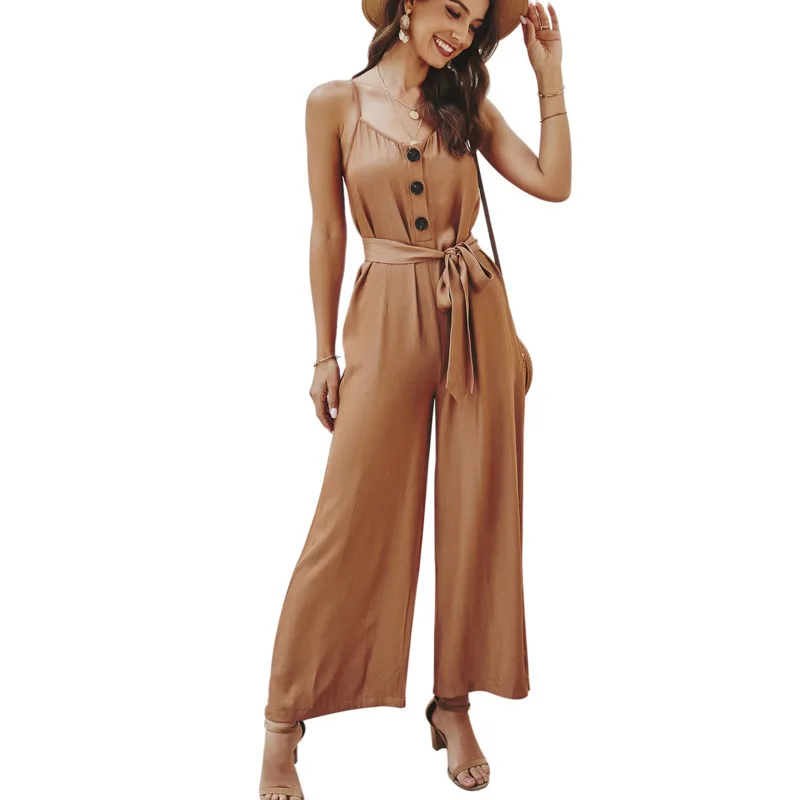 

PEONFLY Elegant Sexy Jumpsuits Women New 2020 Summer Sleeveless Solid Loose Trousers Wide Leg Pants Rompers Backless Sashes