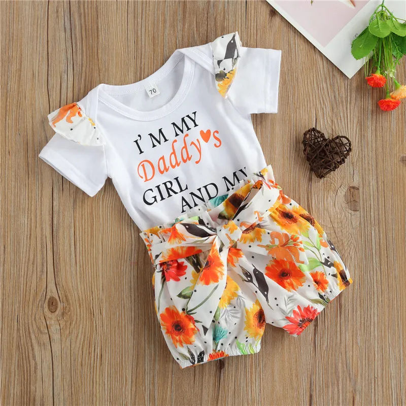 

Baby Girls 2PCS Summer Outfits Short Sleeve Letter Print Bodysuit + Floral Shorts Set