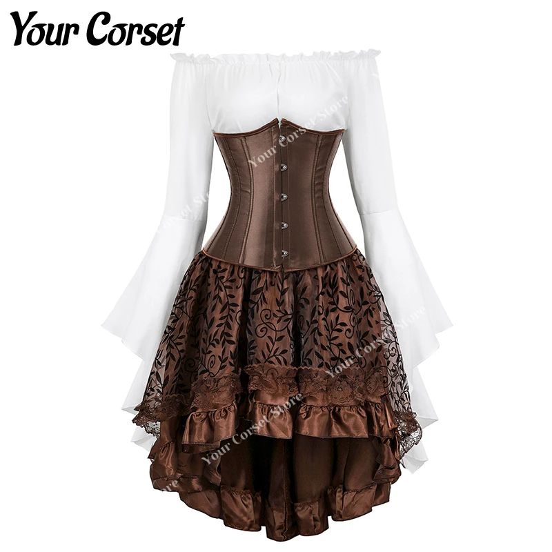 

Corset Blouse Pirate Skirt Costume for Women Gothic Corset Dress Plus Size Brown Leather Corset Steampunk Skirt Three Piece