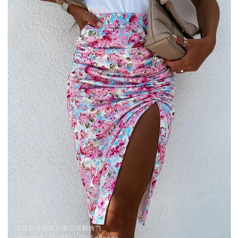 

Mandylandy High Waist Skirts Women Summer Pink Floral Split Gathers Skirtes Sheath Knee Length Pencil Skirts Floral Printing