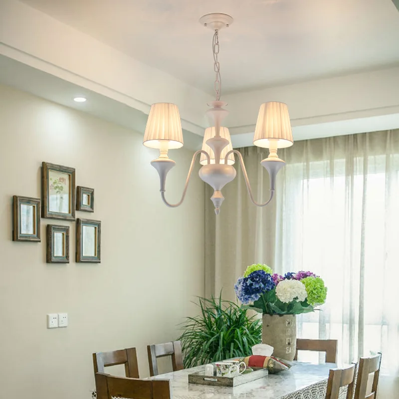 Цена Люстра, 3 светильник, 6 лампочек, белая Металлическая лампа E14, абажур из ткани для обеденного стола, гостиной
