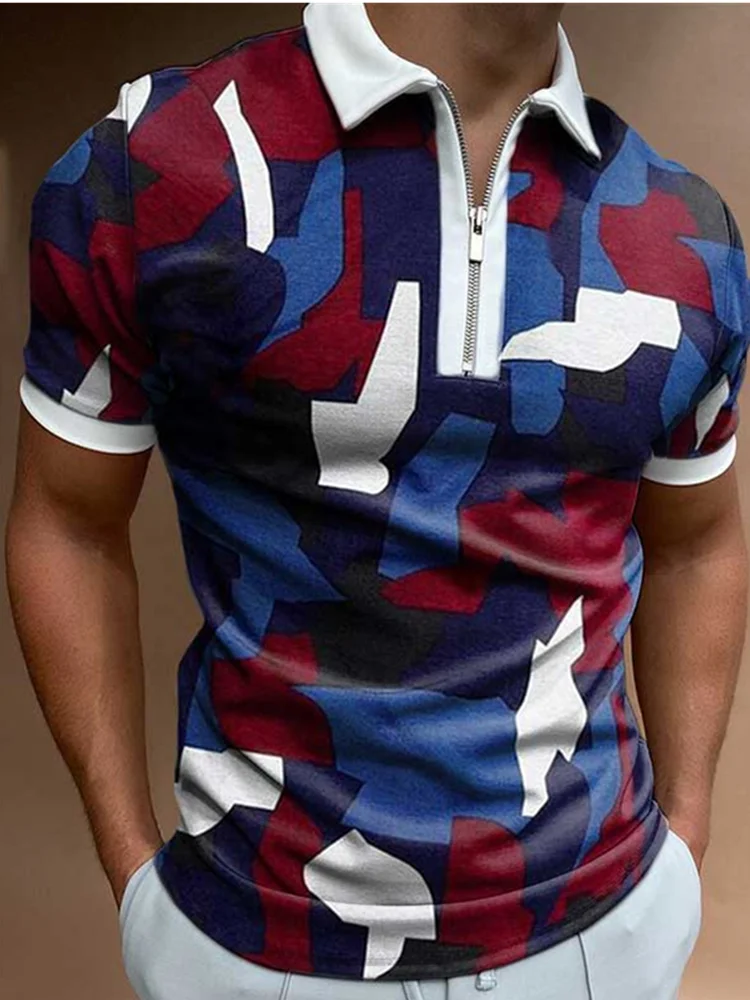 

Hot Sale Summer New Men's Clothing Casual Fashion Printed Men Polo Shirts Turn-down Collar Zipper Design Short Sleeve Tops 2021