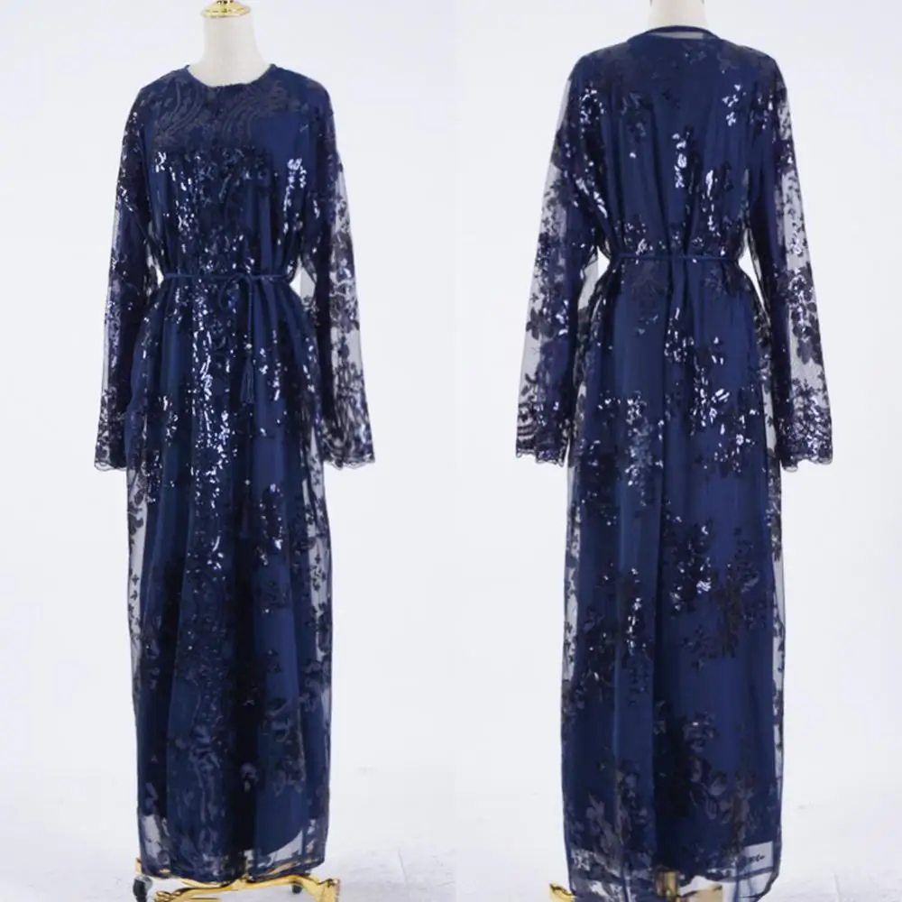 

Ethnic Women Maxi Dress Sequins Embroidered Loose Robe Dress for Women Lace up Long Cardigan Coat Full Cover Kaftan Dress Robe