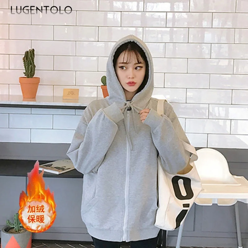 

Women Hoodie Early Spring Korean Zip Top Casual Plus Size Sweatshirt Solid Color Female Loose Hoodies Lugentolo